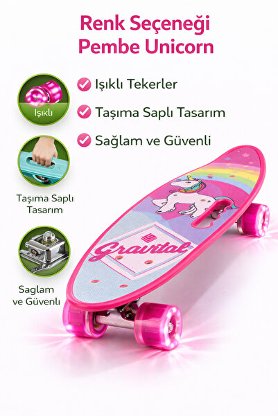 Janissary Unicorn Desenli Işıklı Tekerlekli Çocuk Kaykay – Taşıma Saplı, Skat...