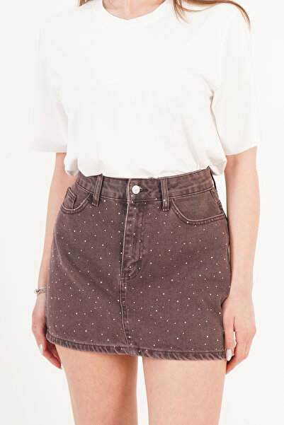 Hipo Trend Sparkling Stone Embellished Denim Mini Coffee Skirt