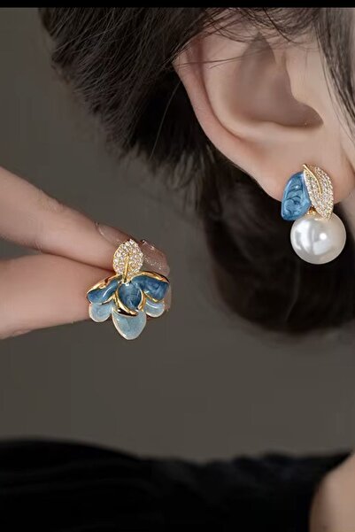 DEMOKAN Women's Earrings Blue Enamel Asymmetric Flower Pearl Detail Premium W...