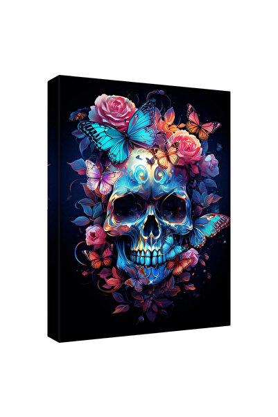 Other Tablou pe Pânză 3D, Design Modern Craniu cu Flori, Ramă Lemn, Multicolo...