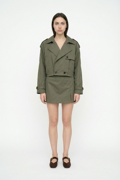 Quzu Apoletli Kruvaze Yaka Kısa Trençkot Haki