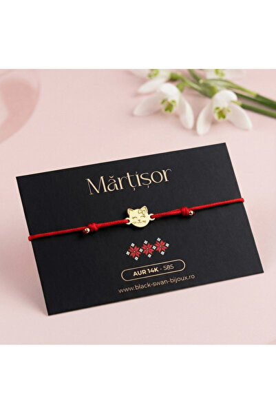 BLACK SWAN Bijoux Martisor din aur 14K 'Hello Kitty' - Snur rosu din matase