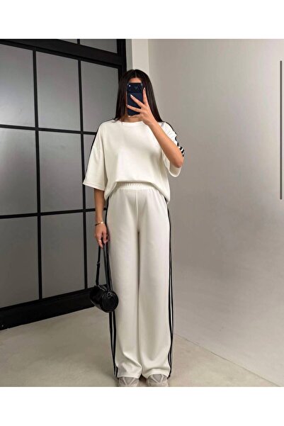 MAESTRO WOMAN Γυναικείο λευκό oversize σετ με λεπτομέρεια ρίγες και διπλή ελα...