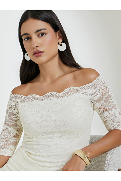 Styli Cream Lace Off-Shoulder Top