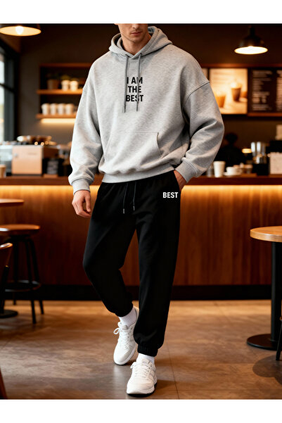 EFFRENATU Lıvo Gray Oversize Hooded Sweatshirt & Black Jogger Sweatpants Set ...
