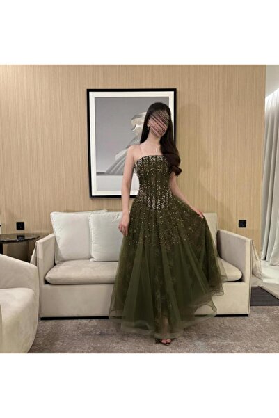 HIYOMI FASHIN Olive green embroidered Tulle evening dress