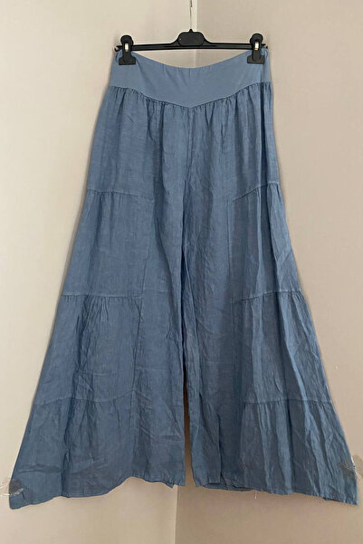 AYASOFYA OTANTIK Women's Italian Indigo Blue Elastic Waist Plain Pattern Ribb...