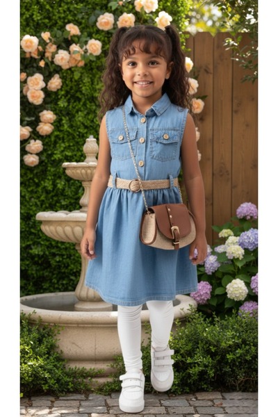 ruhaay Girl's Denim Bag Belted Zero Sleeve Dress