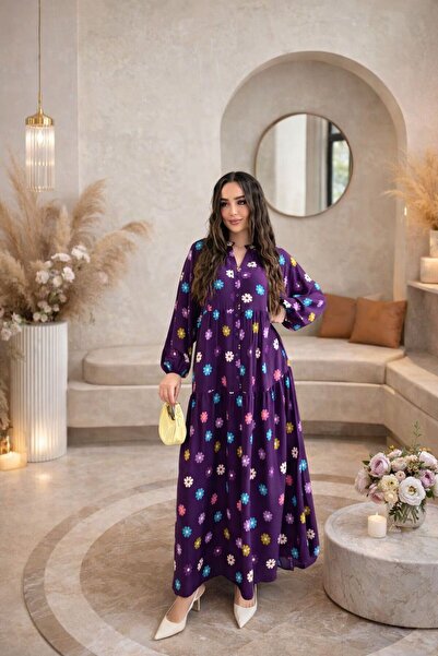 Lavanta Tekstil Rochie mov cu nasturi, cu decolteu în V și imprimeu floral