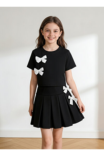 uyguntarz Butterfly Detailed Girls' 2-Piece T-Shirt and Pleated Skirt Set (3-...