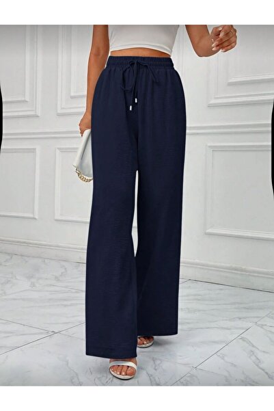 Le Vion Women's Navy Blue Wide Leg Sweatpants Oversize High Waist Loose Trend