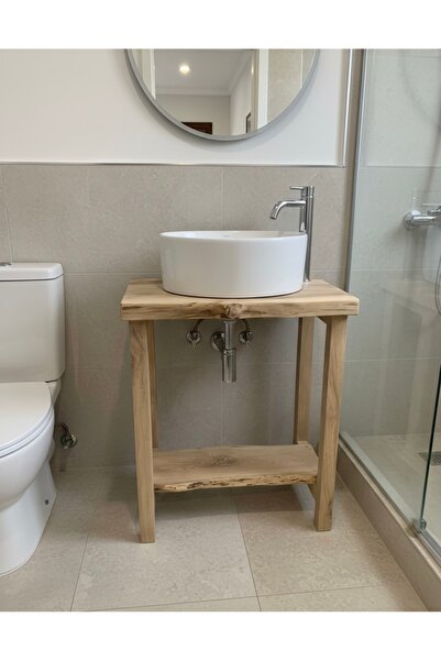 Ahşap Modern Masif Banyo Dolabı Seti - Doğal Kestane Ağacı 70x60x40