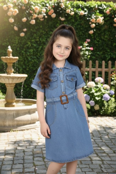 ruhaay Girl's Denim Bag Belted Zero Sleeve Dress