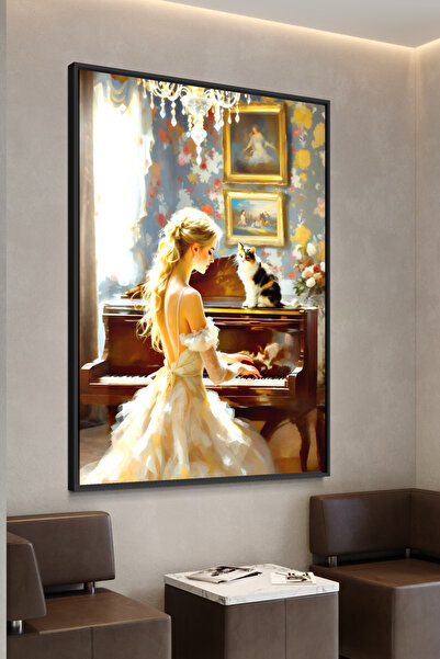 ARTAN GALLERY İtalyan Kadife Duvar Tablosu | Piyano Çalan Kadın ve Kedi | Yağ...