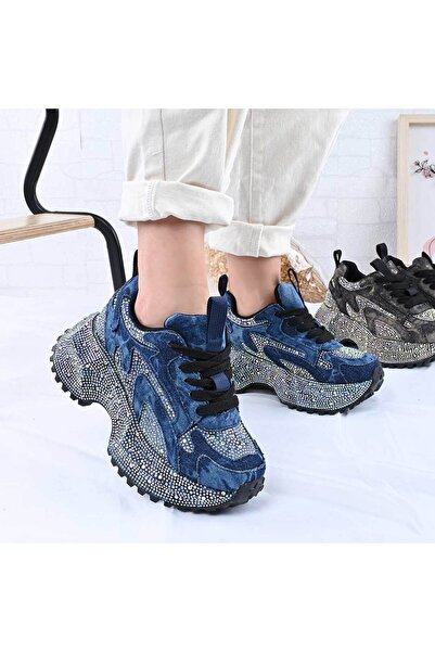 Tmall Pantofi sport pentru femei, piele cu strasuri, D1463, albastru închis