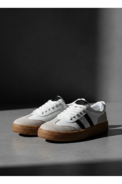 BonuStep Kadın Beyaz Samba Süet Detaylı Bağcıklı Çizgili Termo Taban Spor Aya...