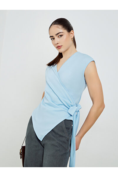Styli Blue Sleeveless Tie-Waist Wrap Top