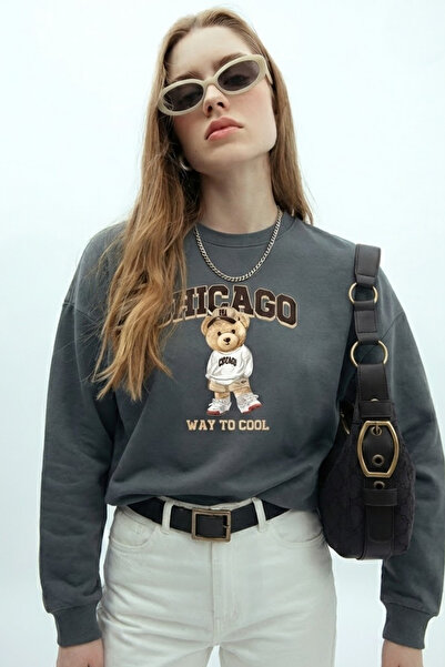 COMBİNE MİCHAİL Women's Chicago Printed Smoked Loose Sweatshirt