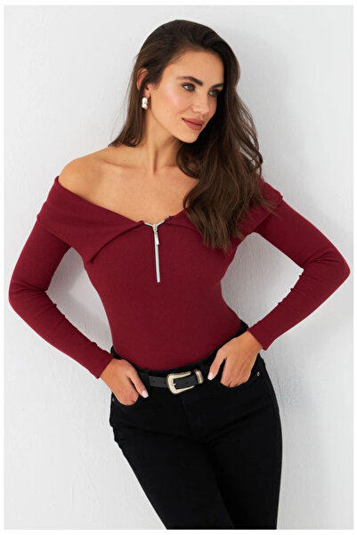 Buklemoda Open Shoulder Camisole Blouse Burgundy