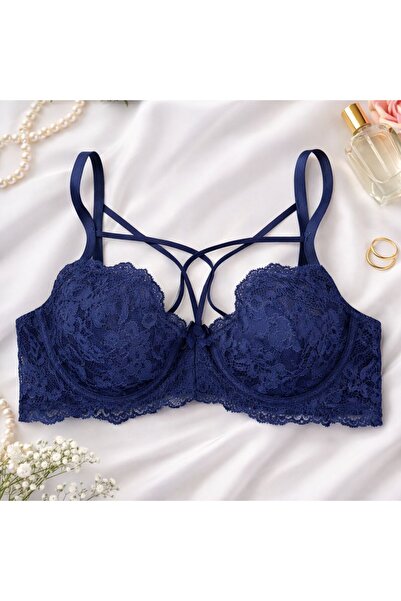 Fabony 3120 Kadın Lacivert Dantelli Balenli Destekli Sütyen Çapraz Askılı