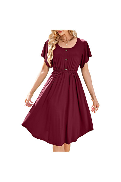 Other Rochie Damă Midi Beluring - Bumbac cu Buzunare, Talie Elastică, Volane ...