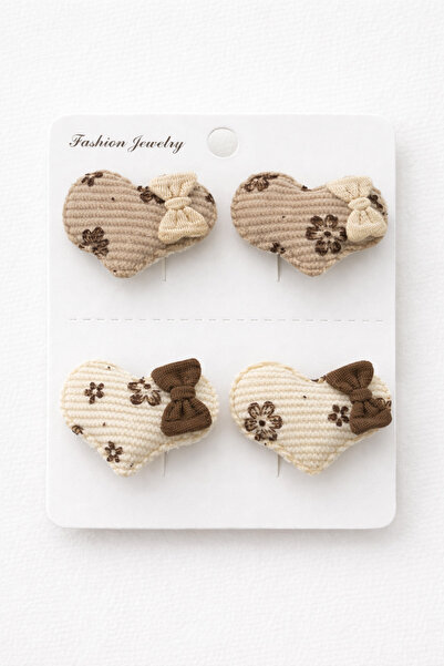 Laria Kalp Çiçek Baskılı Desenli 4’lü Pens Kız Çocuk Bebek Tokası (3x3cm)