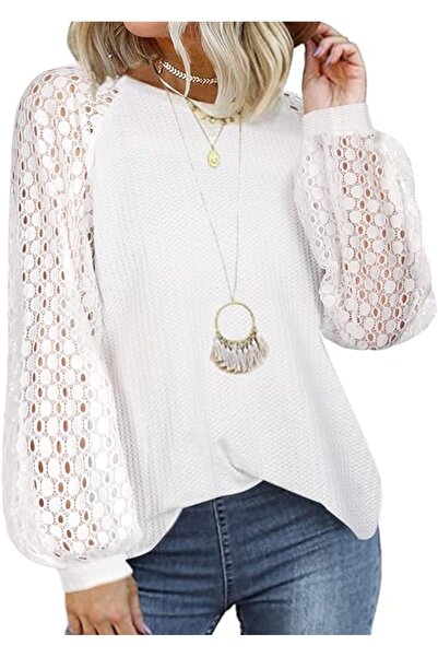 Other Women's Sweater, Puff Sleeve Blouse with Lace, Honeycomb Material, Whit...
