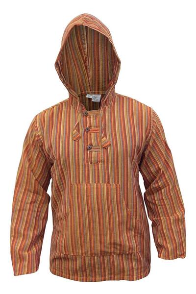 Other Men's Hooded shirt - Cotton, multi-colored stripes, grandpa collar - Or...