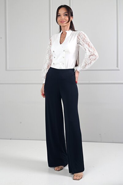 By Saygı Pantaloni Palazzo din țesătură Lycra Sandy cu talie elastică pentru ...