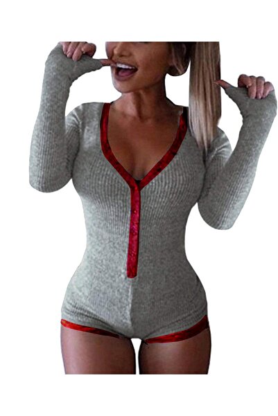 Other Women's Long Sleeve Bodysuit - V-Neck, Stretchy Ribbed Knit - Grey-Wine...