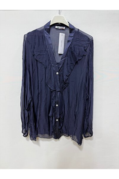 della moor Women's Navy Blue Italian Ruffle Front Shawl Collar Long Sleeve Bu...