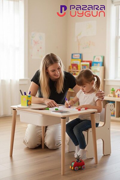 pazarauygun Çocuk Oyun Etkinlik Kapaklı Çalışma Masası Ve 1 Adet Sandalye, Ak...