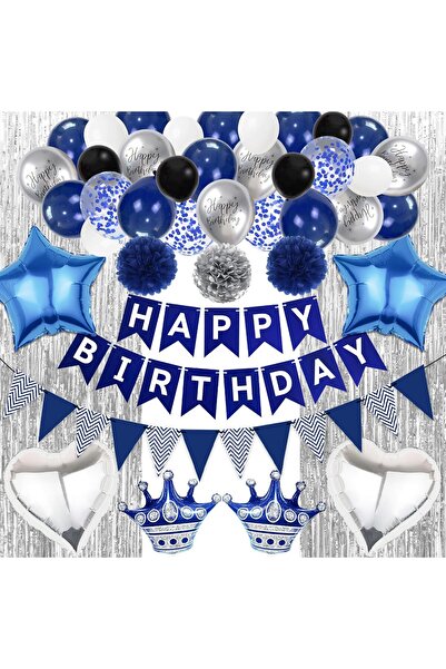 Other Birthday Decoration Set - Blue-Silver, Balloons, Banner, Curtain, 52 Pi...