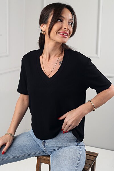 By Saygı Women's Interlock V-Neck Lycra Loose Blouse