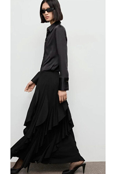 Somut istanbul تنورة شيفون مكشكشة بخصر مرتفع وتفاصيل فولانلي