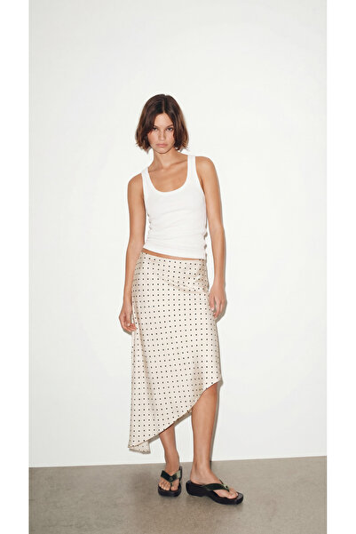 Babushka Cream Asymmetrical Cut Polka Dot Pattern Satin Skirt