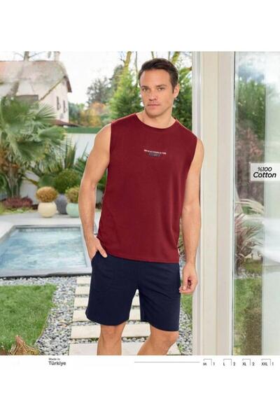 İpek Men's Zero Sleeve Crew Neck Shorts 100% Cotton Top Lettered Pajama Set