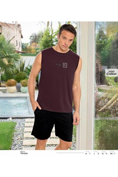 İpek Men's Zero Sleeve Crew Neck Shorts 100% Cotton Top Lettered Pajama Set
