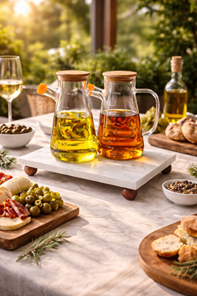 COCEM طقم وعاء زيت زجاجي مع قاعدة رخامية، زجاجة زيت زيتون بغطاء خشبي، مجموعة ...