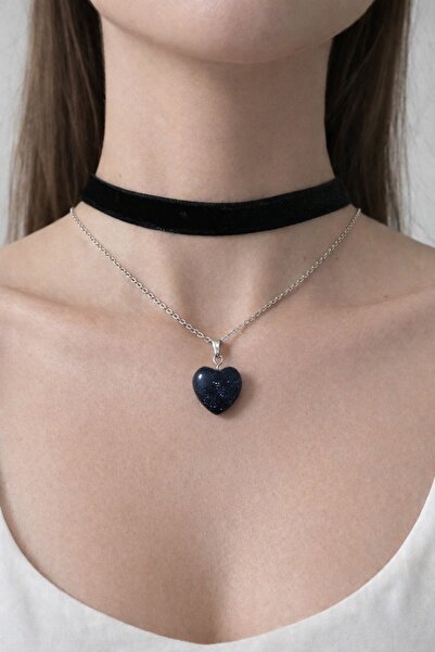 Aurevyn Design Yıldız Taşı Doğal Taş Kalp Figürlü Kolye ve Siyah Choker Seti