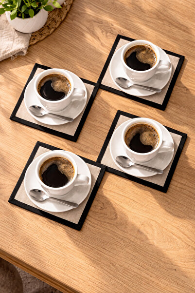 ŞAH TEXTILE DESIGN Black Piping Washed Premium Linen 4-Piece Coaster Presenta...