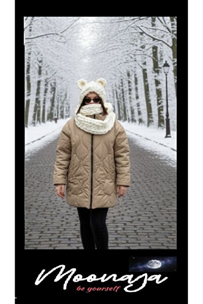 Alize Puffy Balaklava Şapkalı Kulaklı Atkı 200X20 cm. Puffy 62 Krem