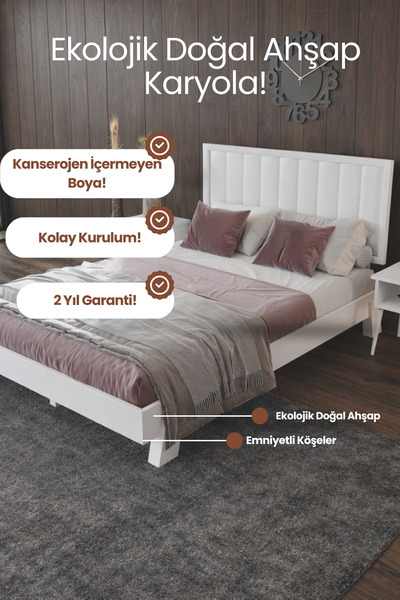 RENAZZO Hüma Dikey Çizgili Başlıklı Ahşap Karyola - Modern Masif Şık Karyola