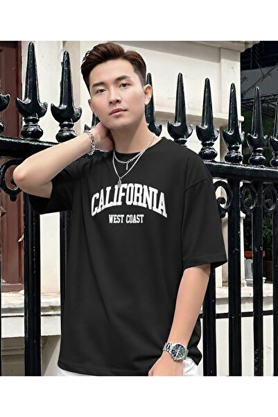 KVİNS Tricou din bumbac, unisex, oversize, negru, cu imprimeu California, cu ...