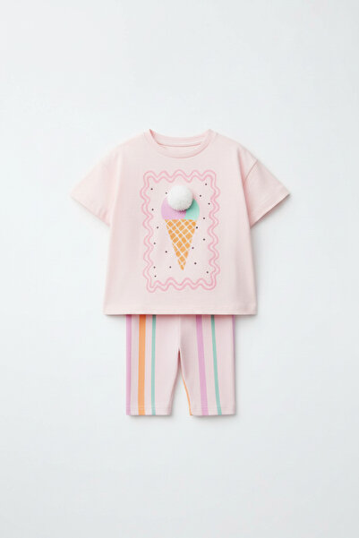Magu Girl's Cotton Pink Ice Cream Patterned T-Shirt and Striped Leggings Set