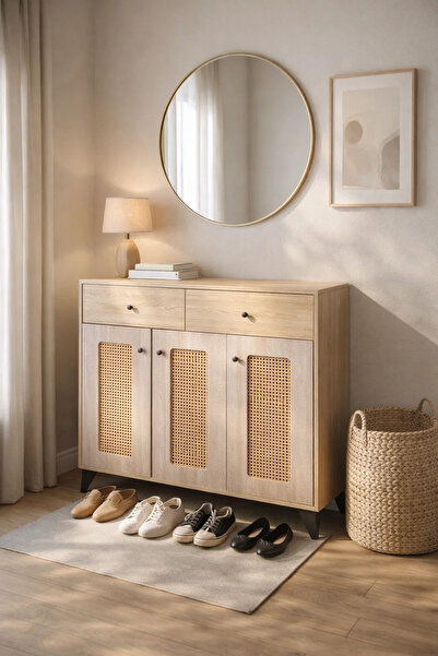 MARIA HOMES Wooden Shoe Cabinet with Rattan Doors and Drawers - Modern Storag...