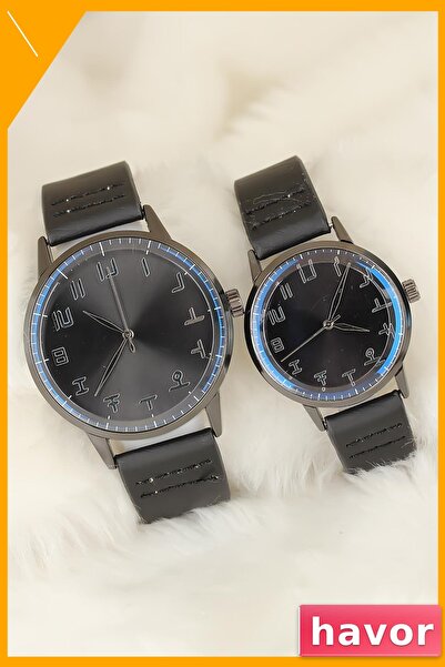 havor Siyah Deri Kayışlı Metal Gövde Çift Saat Seti