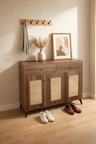 MARIA HOMES Shamal Rattan Shoe Cabinet Sideboard with Drawers and Spacious St...