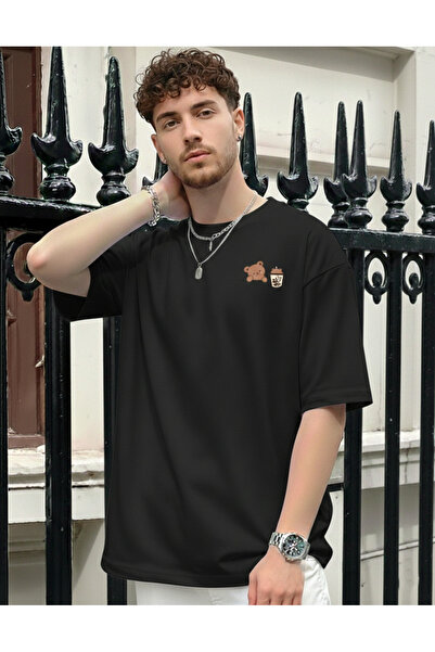 KVİNS Men's Black Oversize T-Shirt Teddy Bear and Bubble Tea Printed Cotton T...