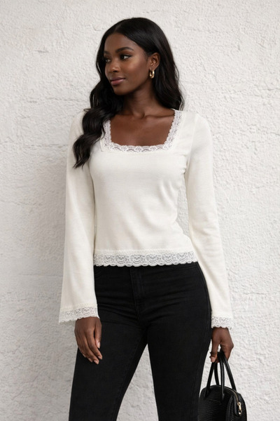 kikiriktekstil 10950 Women's Square Neck Lace Detailed Spanish Sleeve Blouse